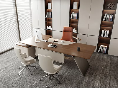 Modern Office Interior Design With Wooden Desk Leather Chair Computer And Bookshelves 3d model