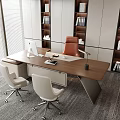 Modern Office Interior Design With Wooden Desk Leather Chair Computer And Bookshelves