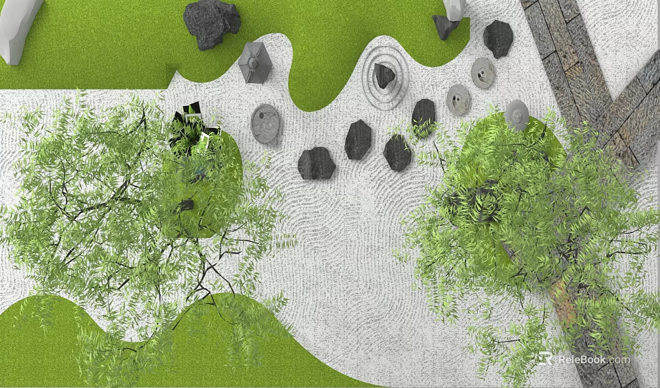 Microlandscape Design Featuring Green Grass Pebble Path Stone Elements And Small Trees 3d model 