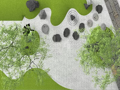 Microlandscape Design Featuring Green Grass Pebble Path Stone Elements And Small Trees 3d model