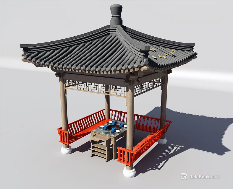 Traditional Chinese Pavilion With Black Tile Roof Red Railings And Wooden Carvings 3d model 