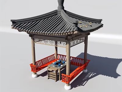 Traditional Chinese Pavilion With Black Tile Roof Red Railings And Wooden Carvings 3d model