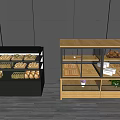 Wooden Shelves And Glass Display Case For Fresh Bread Products In Store