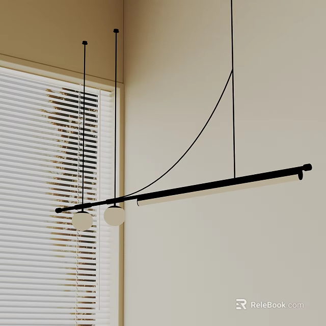 Modern Pendant Light With Black Frame Two Round Bulbs And Window Blinds 3d model