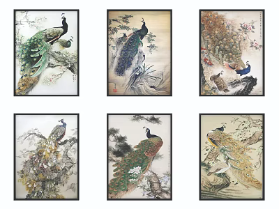 Peacock Animal Paintings with Natural Scenery Branches and Flowers Decorative Framed Wall Art Collection 3d model