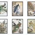 Peacock Animal Paintings with Natural Scenery Branches and Flowers Decorative Framed Wall Art Collection