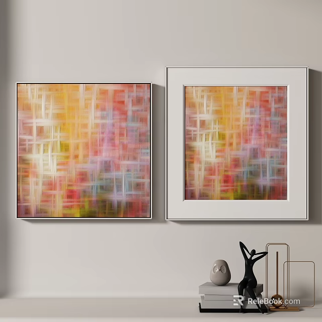 Colorful Abstract Paintings With White Frames Hanging On Wall 3d model