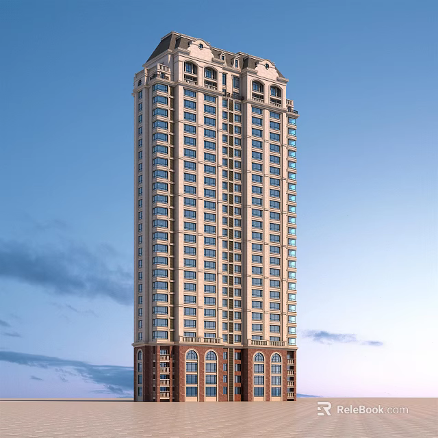 Tall Modern Residential Building With Multiple Windows Classical Top And Red Brick Base 3d model