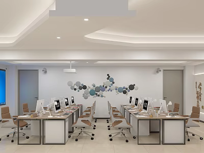 Modern Open Office Interior With Multiple Workstations Computers Desks Chairs And Minimalist Wall Decorations 3d model