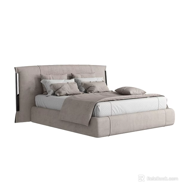 Light Gray Modern Double Bed with Comfortable Linen Bedding Multiple Pillows and Structured Headboard 3d model