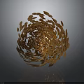 Abstract Golden Spiral Sculpture Composed Of Metallic Leaves With Reflective Surface