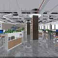 Public Office Space Open Layout With Workstations Green Plants And Marble Flooring 3d model