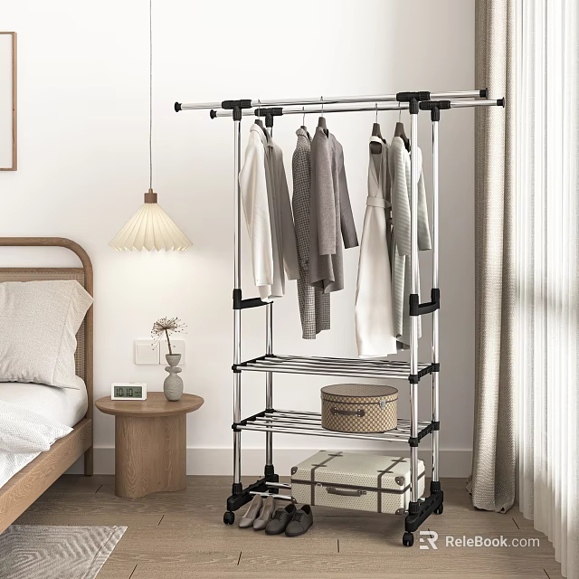 Rolling Clothes Rack Multi Tier Design in Bedroom with Hanging Clothes Storage Boxes and Luggage 3d model 