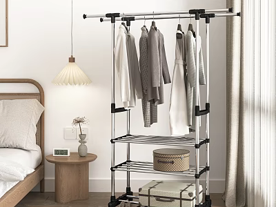 Rolling Clothes Rack Multi Tier Design in Bedroom with Hanging Clothes Storage Boxes and Luggage 3d model