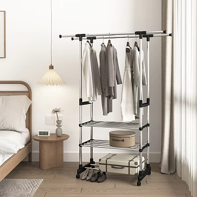Rolling Clothes Rack Multi Tier Design in Bedroom with Hanging Clothes Storage Boxes and Luggage 3d model