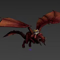 Mythical Red Dragon Flying with Large Membranous Wings Scales and Horned Head Against Dark Background