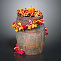 Decorated Wooden Barrel with Pumpkin and Colorful Autumn Leaves
