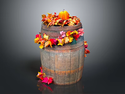 Decorated Wooden Barrel with Pumpkin and Colorful Autumn Leaves 3d model