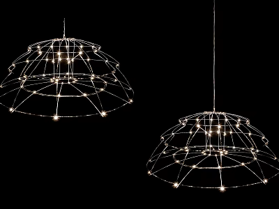 Two Modern Wireframe Chandeliers with Umbrella Shaped Design and Small Lights on Black Background 3d model
