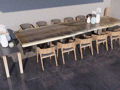 Natural Wooden Table And Chairs Set For Dining With Decorative Vases 3d model