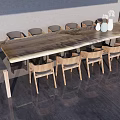 Natural Wooden Table And Chairs Set For Dining With Decorative Vases