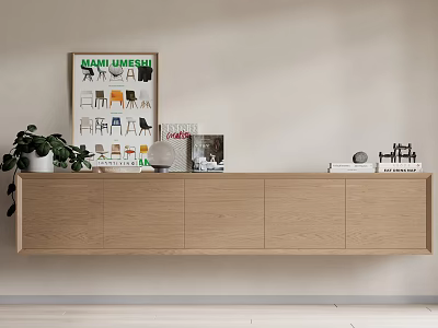 Modern Interior Wall-mounted Wooden Cabinet With Potted Plant Books And Decorative Items 3d model
