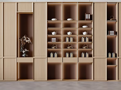 Modern Wooden Bookcase With Multiple Shelves Holding Books Dishes And Decorative Ornaments 3d model