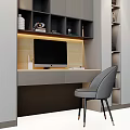 Modern Home Office Desk with Computer Monitor Gray Chair Cabinets and Bookshelves