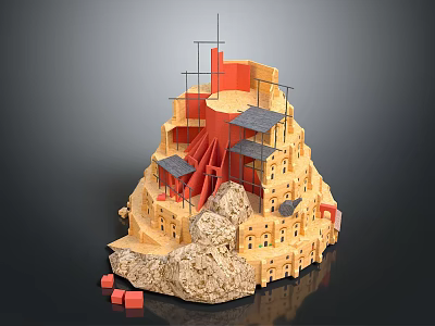 Detailed Miniature Mountain Building Model With Yellow Red Structure Rock Base And Multi Level Design 3d model