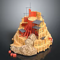 Detailed Miniature Mountain Building Model With Yellow Red Structure Rock Base And Multi Level Design