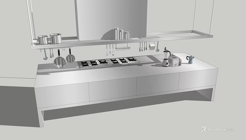 Stainless Steel Modern Kitchen With Stove Sink Hanging Pots And Essential Appliances 3d model 
