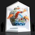 Art Installation Featuring Ornate Vases In Display Cases With Colorful Decor And Leaping Goldfish