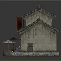 Traditional Chinese Architecture Model With Curved Tile Roof Wooden Doors And Stone Steps