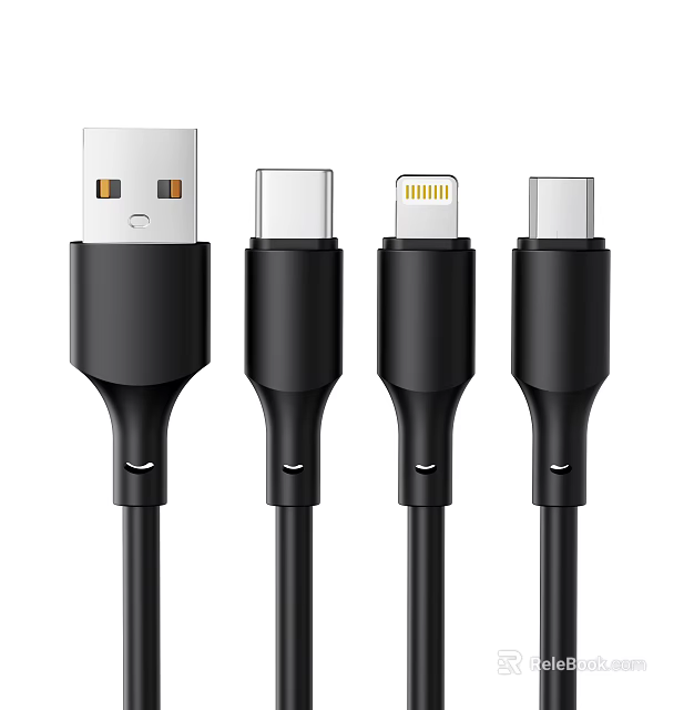 Durable Black Multi Port Phone Charging Cables With USB Type C Lightning And USB A 3d model 