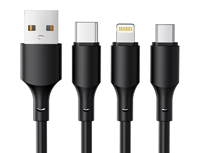 Durable Black Multi Port Phone Charging Cables With USB Type C Lightning And USB A 3d model