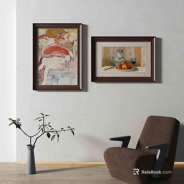 Vibrant Abstract Painting Framed Hanging In Living Room With Chair And Plant Decor 3d model 