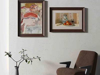 Vibrant Abstract Painting Framed Hanging In Living Room With Chair And Plant Decor 3d model