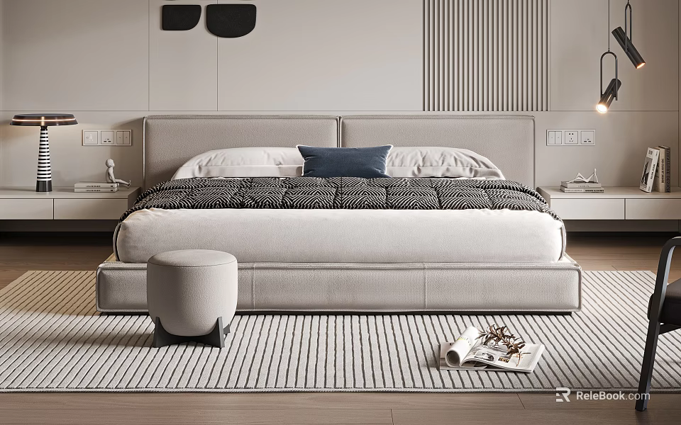 Modern Double Bed Interior With Light Gray Headboard Patterned Quilt And Striped Rug 3d model 