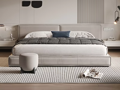 Modern Double Bed Interior With Light Gray Headboard Patterned Quilt And Striped Rug 3d model