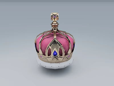 Elegant Ornate Pink Crown Jewelry with Gold Accents Blue Gemstone and White Base 3d model