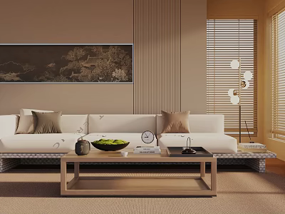 Modern Three Seater Sofa With Cushions Coffee Table Bowl Clock And Blinds 3d model
