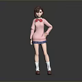 Game Movie Character In Pink Sweater With Bow Blue Skirt And Red Shoes Standing