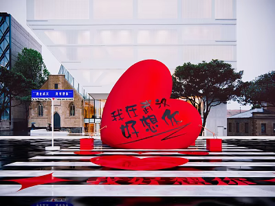 Red Heart Sculpture with Black Chinese Characters My Cognized Ideals in Modern Urban Street 3d model