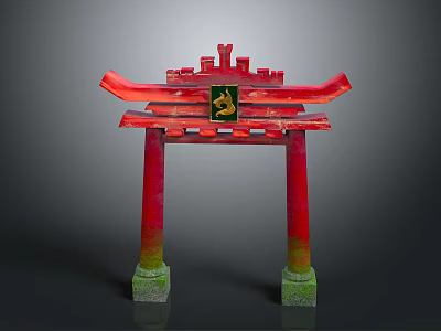 Traditional Chinese Red Archway With Green Decorations Characters And Stone Bases 3d model