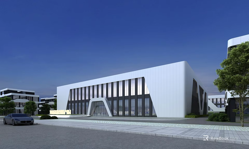 Modern Industrial Factory Building With Sleek White Exterior Large Glass Windows And Landscaped Surroundings 3d model 