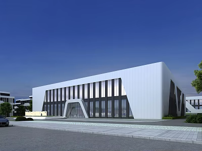 Modern Industrial Factory Building With Sleek White Exterior Large Glass Windows And Landscaped Surroundings 3d model