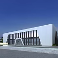 Modern Industrial Factory Building With Sleek White Exterior Large Glass Windows And Landscaped Surroundings
