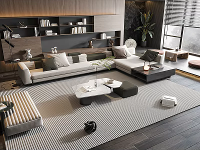 Modern Sofa And Coffee Table Set With Pillows Striped Rug Wooden Bookshelf And Green Plant 3d model