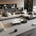 Modern Sofa And Coffee Table Set With Pillows Striped Rug Wooden Bookshelf And Green Plant
