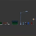 Outdoor Public Equipment Including Bench Trash Bins Street Lamp And Signs With Plants